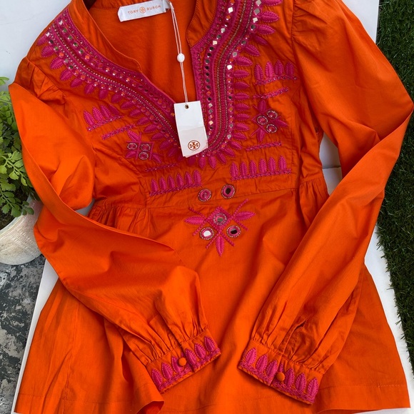 Tory Burch🍁🍂Tangerine Embellished Embroidered Tunic $350 NWT - Picture 5 of 12